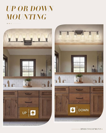 HWH Farmhouse Vanity Light Fixture, Rustic Bathroom Light Fixtures for Bedroom, 6-Light Wall Sconces Lights with Clear Floral Glass, Oil-Rubbed Bronze Finish, 5HJX110B-6W ORB