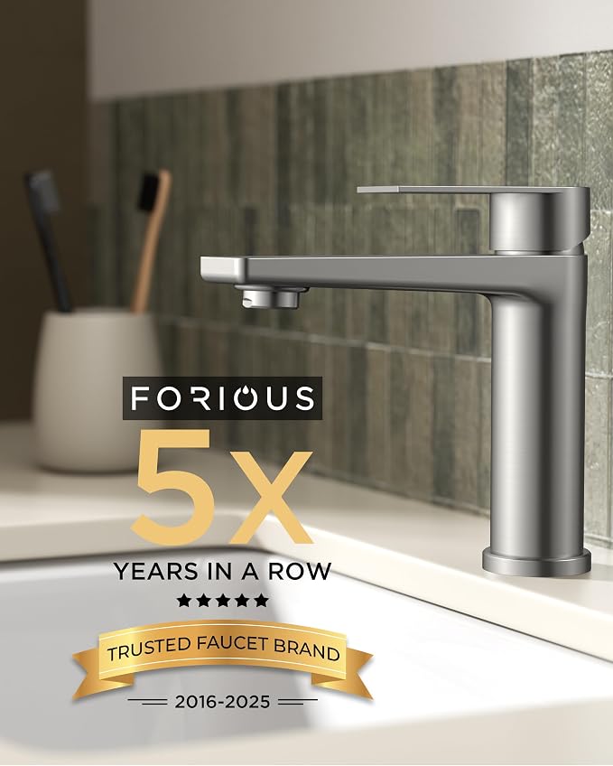 FORIOUS Brushed Nickel Bathroom Faucet 1 Hole, Commercial Bathroom Faucets | CUPC Single Hole Bathroom Faucet Brushed Nickel, Rv Bathroom Sink Faucet 1 Hole with Deck Plate&Drain, Camper Sink Upgrade