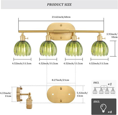 Bathroom Light Fixtures, 4-Light Brass Vanity wall Light Over Mirror with Green Tulip Glass Shade for Bedroom Living Room (Bulb Not Included)