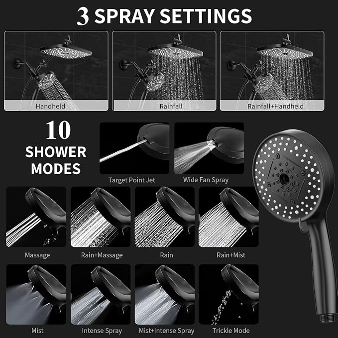 High Pressure Shower Head with Handheld, Upgrade Rain Shower Heads with Fixed Showerhead Combo, 10 Sprays Handheld Shower Head Built in Power Jets, 71" Long Hose, Matt Black