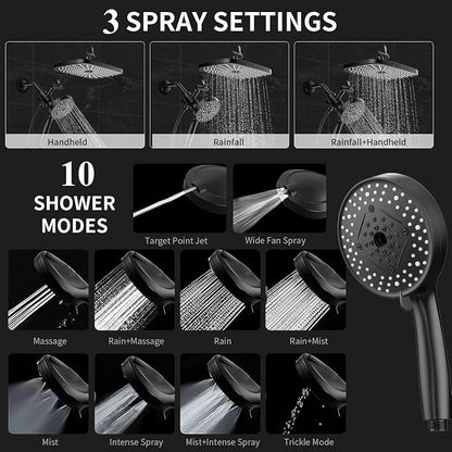 High Pressure Shower Head with Handheld, Upgrade Rain Shower Heads with Fixed Showerhead Combo, 10 Sprays Handheld Shower Head Built in Power Jets, 71" Long Hose, Matt Black