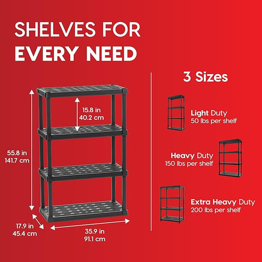 IRIS USA 4-Shelf Heavy Duty Plastic Storage Shelves, 600lb Capacity, 56" H x 36" W x 18" D, Large Modular Shelving Unit Storage Organizer for Garage, Home, Warehouse & Gym, Storage Rack - Black