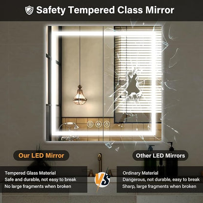 XRAMFY 47"X47" LED Bathroom Mirror, Backlit + Front Lit Wall Mirror | LED Bathroom Mirror with Lights for Wall, 3 Colors, Anti-Fog, Dimmable Brightness, Tempered Glass
