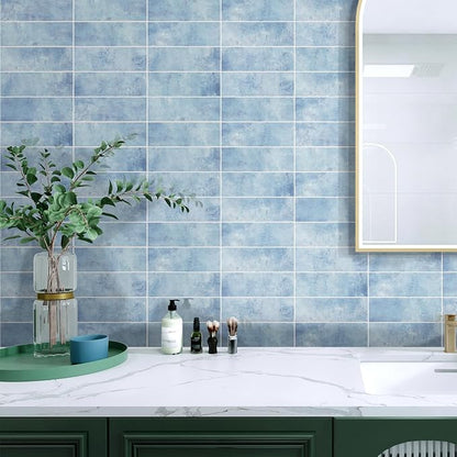 Tilingview 30 PCS Peel and Stick Backsplash Tile for Kitchen/Bathroom/Living Room, 3"x 9" Self-Adhesive Subway Tile for Backsplash, Imitation Glazed Tiles/Handmade Tiles (Glossy Sky Blue)