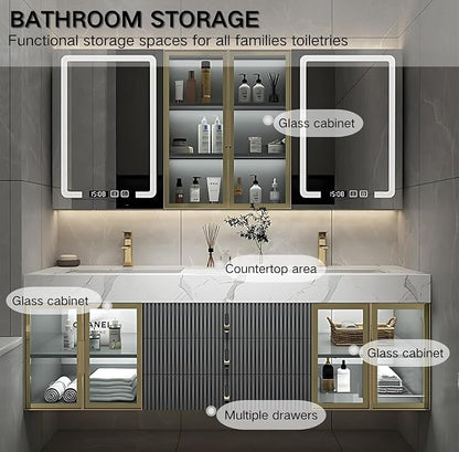 Double Bathroom Vanities with Sink, Floating Bathroom Vanity with LED Smart Defogging Mirror and Storage Cabinet, Modern Bathroom Sink Cabinet with One-Piece Sink and Countertop (Grey, 68")