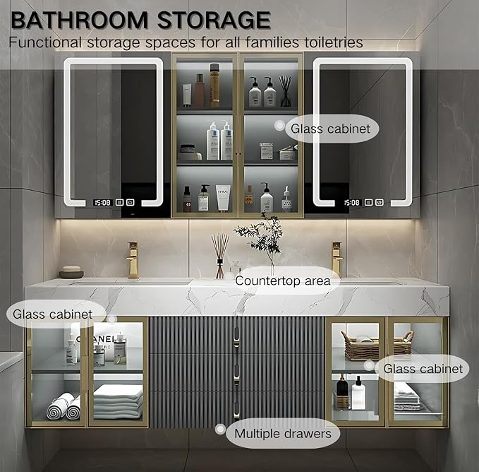 Double Bathroom Vanities with Sink, Floating Bathroom Vanity with LED Smart Defogging Mirror and Storage Cabinet, Modern Bathroom Sink Cabinet with One-Piece Sink and Countertop (Grey, 76")