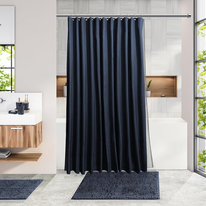 Clara Clark Bathroom Set, Shower Curtain Set, Bathroom Accessory Set | 20 Piece Navy Blue Bathroom Accessories Set with Toothbrush Holder, Soap Dispenser, Soap Dish, Toilet Brush, and Trash Can