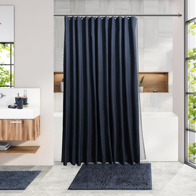 Clara Clark Bathroom Accessories Set - 27PC Bathroom Set with Adhesive Corner Shower Caddy Hanging, Bathroom Sets with Shower Curtain and Rugs, Navy Blue Shower Curtain Set with Bathroom Trash Can | 27 Piece Navy Blue Bathroom Sets with Shower Curtain ...