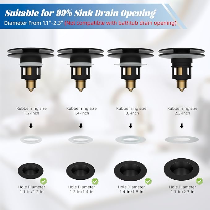 Hibbent 2 Pack All Metal Upgraded Bathroom Sink Stopper, Universal Pop Up Sink Drain Strainer, Brass Bullet Core Push Type Sink Stopper for 1.1''~2.3''' Basin, Anti Clogging Drain Filter, Matte Black