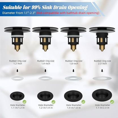 Hibbent 2 Pack All Metal Upgraded Bathroom Sink Stopper, Universal Pop Up Sink Drain Strainer, Brass Bullet Core Push Type Sink Stopper for 1.1''~2.3''' Basin, Anti Clogging Drain Filter, Matte Black