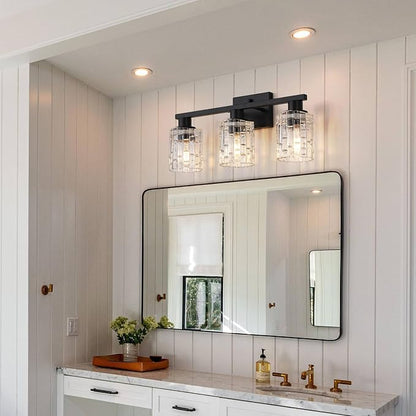 3 Light Matte Black Bathroom Vanity Light Over Mirror, Modern Vanity Lighting with Crystal Glass Shade, Wall Mount Bathroom Light Fixtures, E26 Base