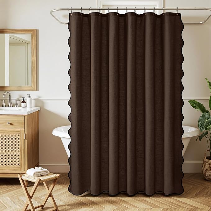 MIULEE 84" Long Brown Scalloped Linen Shower Curtain 72W x 84L | 12 metal hooks, Linen scalloped, waterproof washable, thick heavy cloth, black border, boho farmhouse, bathroom hotel use