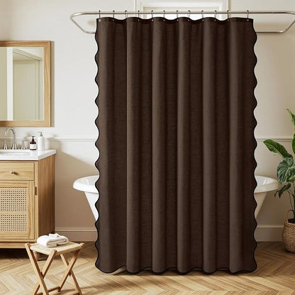 MIULEE 84" Long Brown Scalloped Linen Shower Curtain 72W x 84L | 12 metal hooks, Linen scalloped, waterproof washable, thick heavy cloth, black border, boho farmhouse, bathroom hotel use