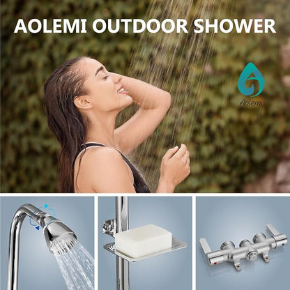 Aolemi Outdoor Shower Kit, Upward-Facing Inlets, Polish Chrome | 3-Inch Center Hot And Cold Mixer Valve, Dual Handles, with Soap Dish For Convenient Outdoor Shower Use