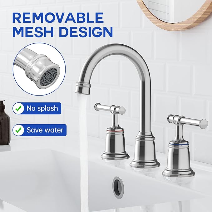 Classical 8 inch Bathroom Faucet, Bathroom faucets for Sink 3 Holes, Widespread Brushed Nickel Bathroom Faucet with Pop Up Drain and cUPC Lead-Free Hose (Chrome 2 Packs)