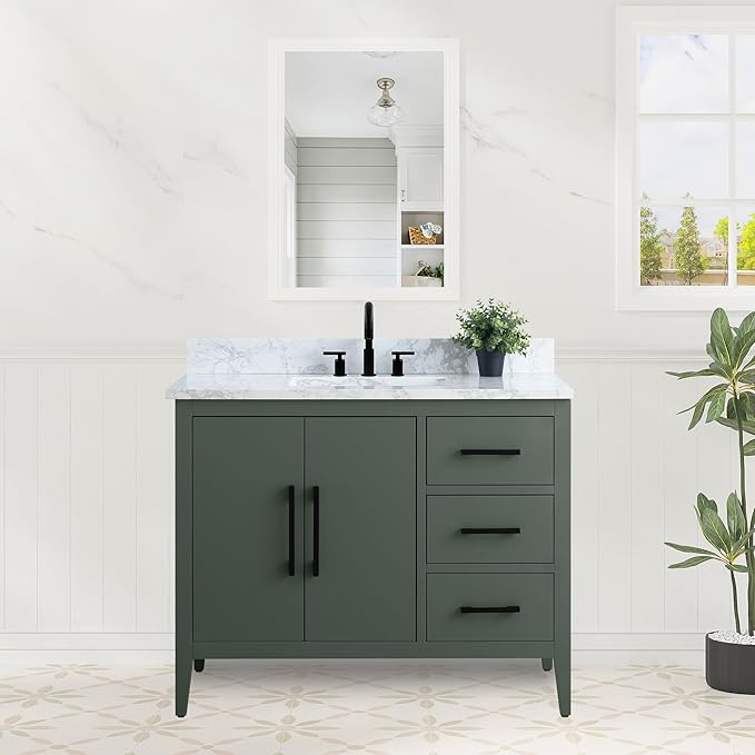 HomeBeyond 42 Inch Bathroom Vanity with Sink & Ceramic Top, Single Vanity Cabinet with Basin, Soft-Closing Doors & Matte Black Hardware, Vintage Green