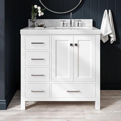 ARIEL Cambridge 36-inch Bathroom Vanity with Sink,Solid Wood, 2-inch Italian Carrara Marble Countertop, Single Rectangular Porcelain Sink, 2 Soft Closing Doors, 5 Dovetail Drawers, White