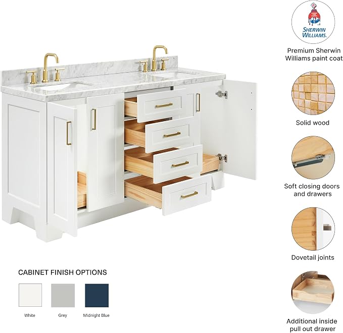 Emilia 66" White Double Bathroom Vanity, 1.5" Edge Italian Carrara Marble Countertop, Rectangular Sinks, 4 Soft Closing Doors, 6 Full Extension Dovetail Drawers, Satin Brass