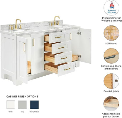 Emilia 66" White Double Bathroom Vanity, 1.5" Edge Italian Carrara Marble Countertop, Rectangular Sinks, 4 Soft Closing Doors, 6 Full Extension Dovetail Drawers, Satin Brass