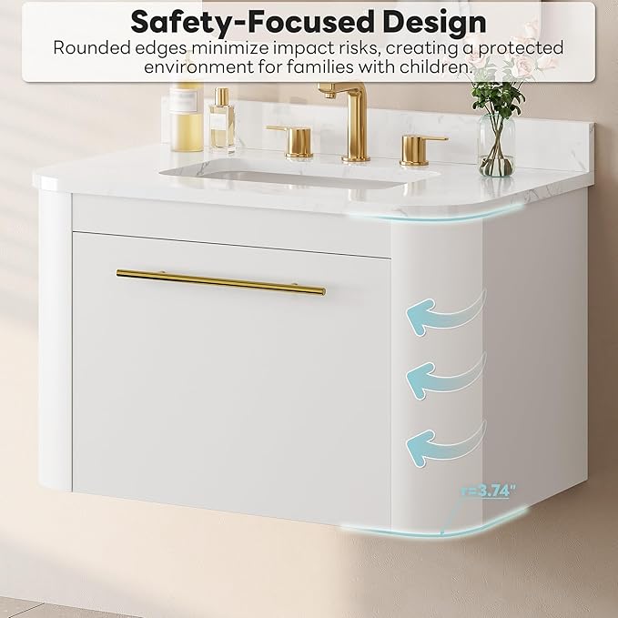 LIKIMIO 30" Bathroom Vanity with Sink, Floating Bathroom Vanity with 1 Drawer, Engineered Stone Countertop with Undermount Ceramic Sink, Wall Mounted Bathroom Vanity, Gold Handle, Easy Assembly, White