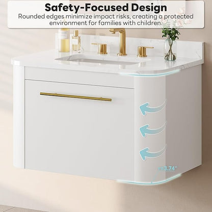 LIKIMIO 30" Bathroom Vanity with Sink, Floating Bathroom Vanity with 1 Drawer, Engineered Stone Countertop with Undermount Ceramic Sink, Wall Mounted Bathroom Vanity, Gold Handle, Easy Assembly, White