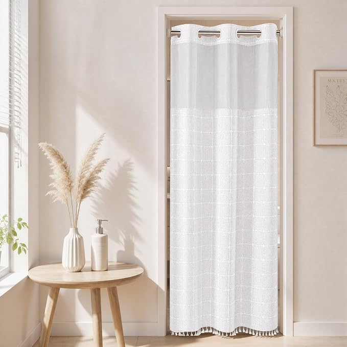 RiverDream Farmhouse No Hooks Shower Curtain with Snap-in Liner,White,36x74 | Snap on Fabric Liner,Heavy Duty,Quick Dry,Mesh Top Window,With Bottom Magnets,Washable,with Tassels,Stall Size