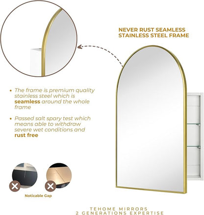 TEHOME 24 x 36'' Brushed Gold Arch Bathroom Medicine Cabinet with Mirror Recessed and Surface Mounted Medicine Cabinet Mirror