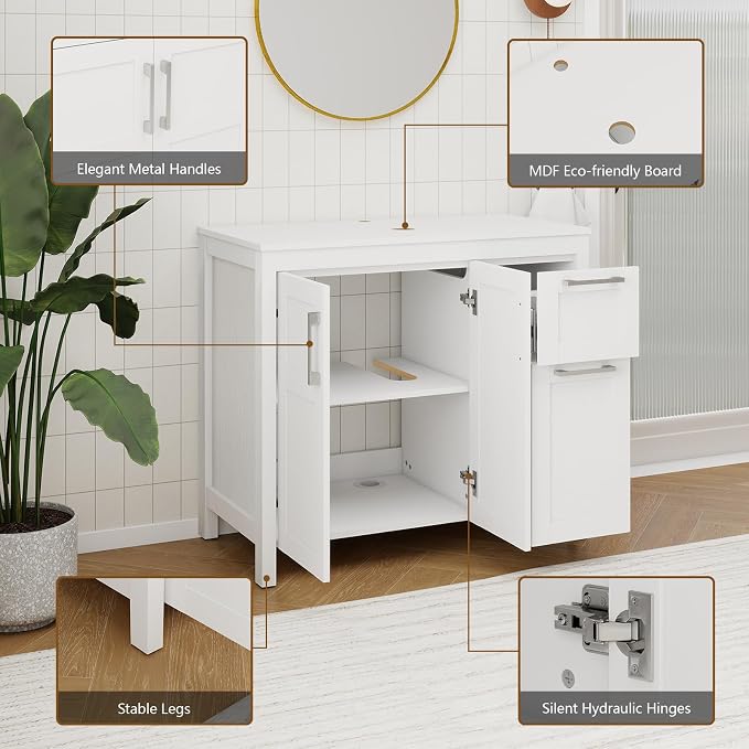 YOURLITE 36" Bathroom Vanity with Sink, White Bathroom Vanity and Sink Combo with Faucet & Pop Up Drain Set,Traditional Vanity with Dark Green Glass Bowl