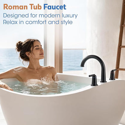 Roman Tub Faucet 3 Hole Deck Mount Tub Filler High Flow Matte Black | With Ceramic Valve, Solid Brass, High Arch Bathtub Faucet, 2-Handle Design, Widespread Mount, Garden Bath Tub Faucet