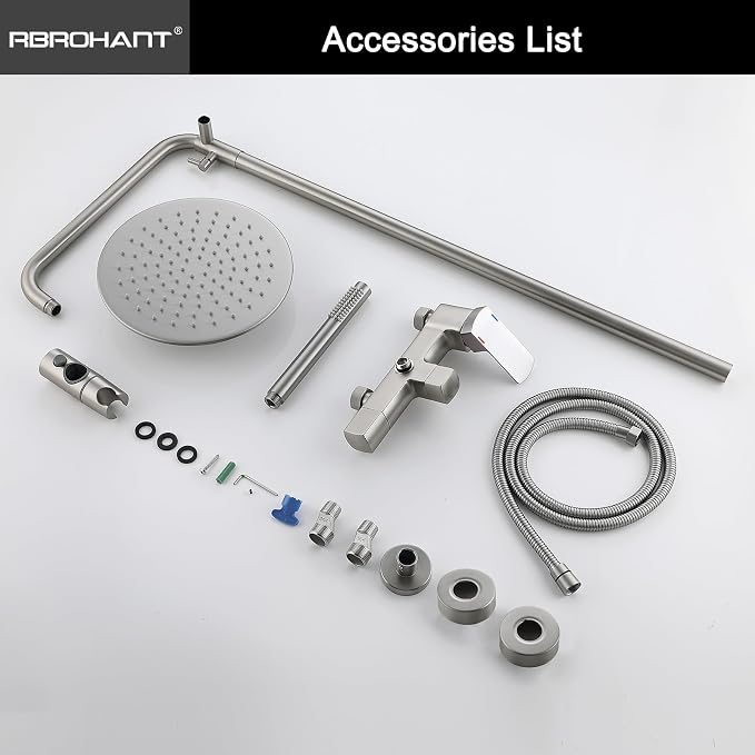 RBROHANT Exposed Shower System with Tub Spout, Brushed Nickel Exposed Pipe Shower Faucet with 3 Functions Brass Shower Valve, Shower Height Adjustable, Wall Mounted