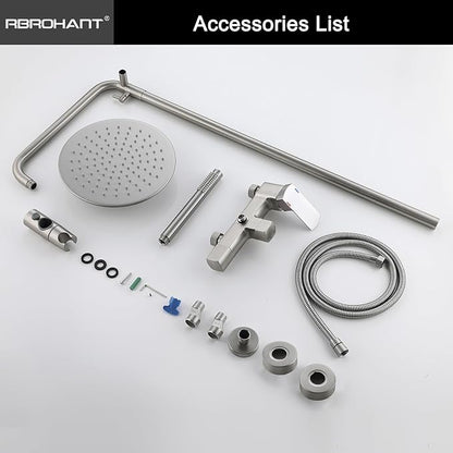 RBROHANT Exposed Shower System with Tub Spout, Brushed Nickel Exposed Pipe Shower Faucet with 3 Functions Brass Shower Valve, Shower Height Adjustable, Wall Mounted
