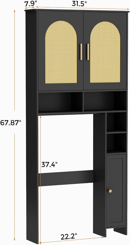 Homhedy Wooden Over The Toilet Storage Cabinet, Natural and Black | Bathroom Organizer with Rattan Decorated Doors, Adjustable Shelves, Toilet Paper Holder, for Small Spaces