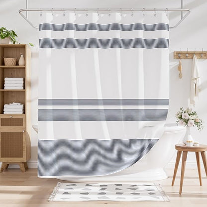 AmazerBath Striped Blue Shower Curtain, Cute Blue Stripe Bathroom Shower Curtain with 12 Shower Curtain Hooks, Rustic Fabric Blue and White, 72x72 Inches