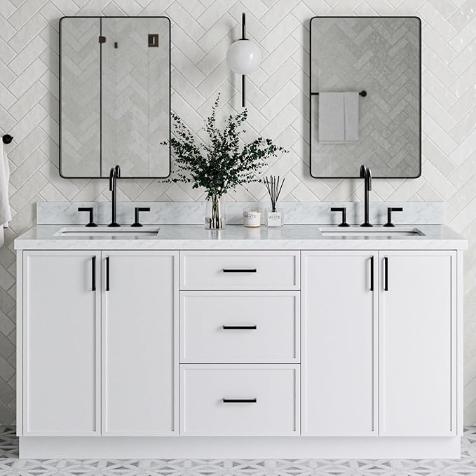 ARIEL Kelly 72-inch Bathroom Vanity with Sink,Solid Wood, 1.5-inch Italian Carrara Marble Countertop & Backsplash, Double Rectangular Porcelain Sink, 4 Soft Closing Doors, 5 Dovetail Drawers, White