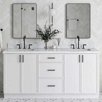 ARIEL Kelly 72-inch Bathroom Vanity with Sink,Solid Wood, 1.5-inch Italian Carrara Marble Countertop & Backsplash, Double Rectangular Porcelain Sink, 4 Soft Closing Doors, 5 Dovetail Drawers, White