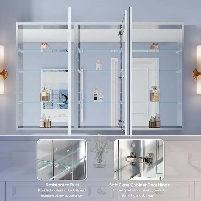 56" x 36" Bathroom Medicine Cabinet with Mirror, Anodized Chrome Aluminum Frame, Surface Mount or Recessed Medicine Cabinet with Mirror, Bathroom Mirror with Storage, Three Doors