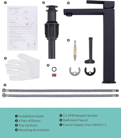 Vessel Sink Faucet Matte Black, ARCORA Single Handle Tall Bathroom Faucet, Single Hole Lavatory Vanity Mixer Tap with Pop Up Drain and Faucet Supply Lines