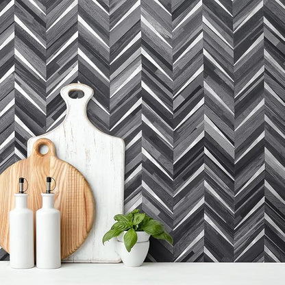DICOFUN 10-Sheet Herringbone Peel and Stick Backsplash for Kitchen, Black & Grey Wood Look PVC Mixed Metal Chevron Stick on Backsplash Wall Tiles