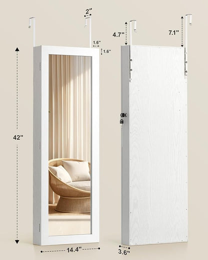 Nicetree 6 LEDs Mirror Jewelry Cabinet, Jewelry Organizer with Full Length Mirror, Wall/Door Mounted Jewelry Organizer, Full Length Mirror with Storge (Textured White)