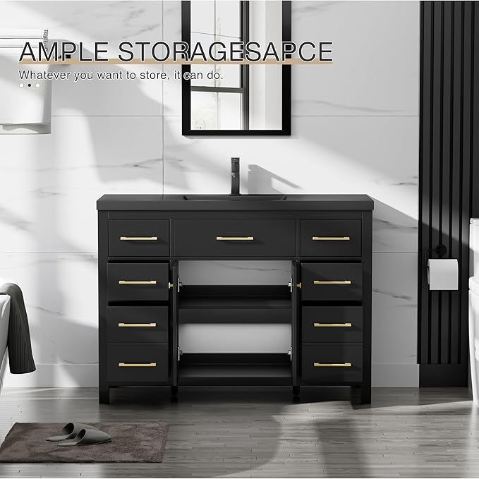 LUCKWIND 48" Modern Bathroom Vanity and Black Sink, Painted Bathroom Storage Cabinet with Single Resin Sink, Two Doors and Four Drawers, Include Faucet Without Mirror, Black