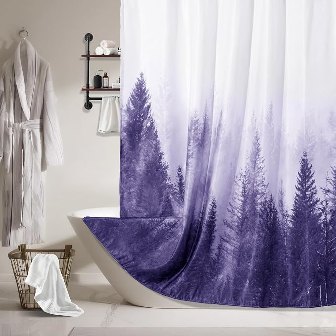 ORTIGIA Purple Misty Forest Shower Curtain for Bathroom, Nature Woodland Shower Curtain Set with Hooks, Decorative Pine Tree Fog Magic Bath Curtain for Home, Waterproof Fabric, Weighted, 72x72