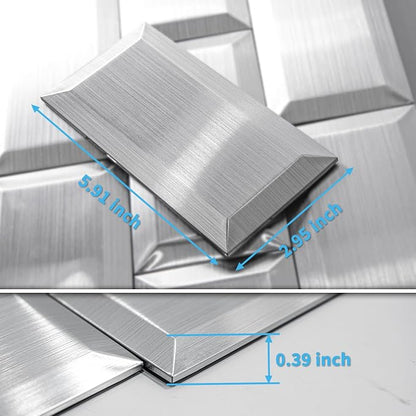 Art3d 100 Pcs Peel and Stick Backsplash Tiles, 3D Textured Metal Stick On Subway Wall Tiles for Kitchen Back Splashes, Bathroom, Laundry Room, 3 x 6 Inch, Stainless (Pack of 2)