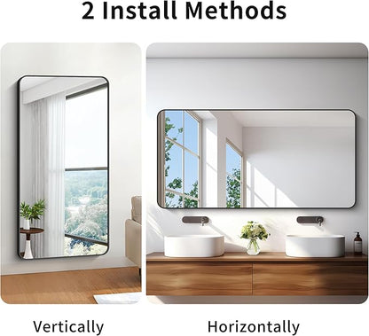 BONEWEI 30x60 inch Bathroom Mirror,Black Rectangle Mirror,Wall Mounted Bathroom Frame Vanity Mirror with Round Corner for Bedroom Living Room, Entryway Hangs Horizontal or Vertical