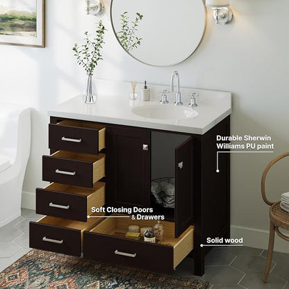 ARIEL Cambridge 42-inch Bathroom Vanity with Sink,Solid Wood, 1.5-inch Pure White Quartz Countertop & Backsplash, Single Oval Porcelain Sink, 2 Soft Closing Doors, 5 Dovetail Drawers, Espresso