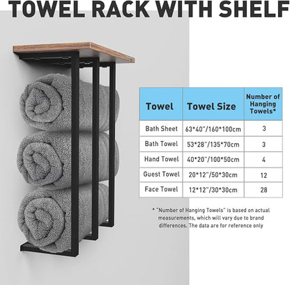 Towel Rack Wall Mounted with Shelf, Beautiful Storage for Small Bathroom, Neat Organizer for Rolled Towels, 3 Sturdy Iron Bars & Holds 25kg Weight