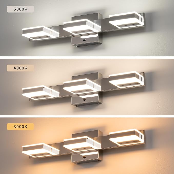 mirrea 20" 3 Light 3CCT Chrome LED Bathroom Vanity Light Fixture | Over Mirror,Bathroom Lighting,3000K/4000K/5000K ,Dimmable,Rust-resistant,Moisture-resistant,Acrylic shade,Wall Mount