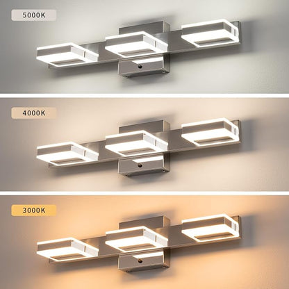 mirrea 20" 3 Light 3CCT Chrome LED Bathroom Vanity Light Fixture | Over Mirror,Bathroom Lighting,3000K/4000K/5000K ,Dimmable,Rust-resistant,Moisture-resistant,Acrylic shade,Wall Mount
