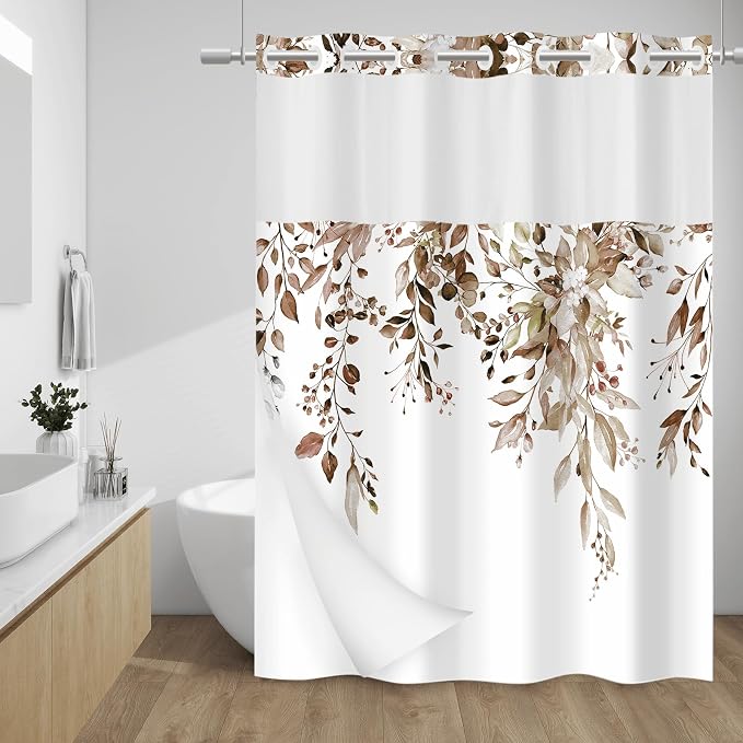 No Hook Floral Shower Curtain with Liner, Eucalyptus Taupe, 71x74 | Snap in Liner, 3 in 1, Water Repellent, Easy Install, Machine Washable, Hotel Style for Bathroom, Watercolor Pattern