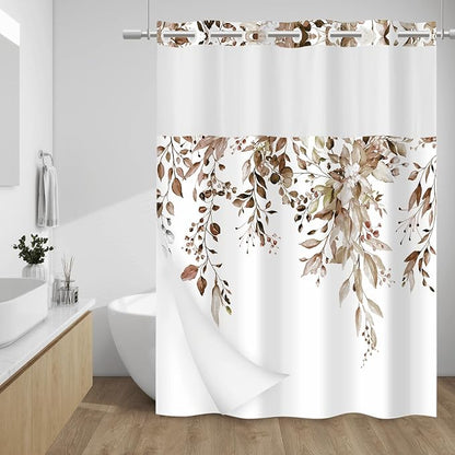 No Hook Floral Shower Curtain with Liner, Eucalyptus Taupe, 71x74 | Snap in Liner, 3 in 1, Water Repellent, Easy Install, Machine Washable, Hotel Style for Bathroom, Watercolor Pattern