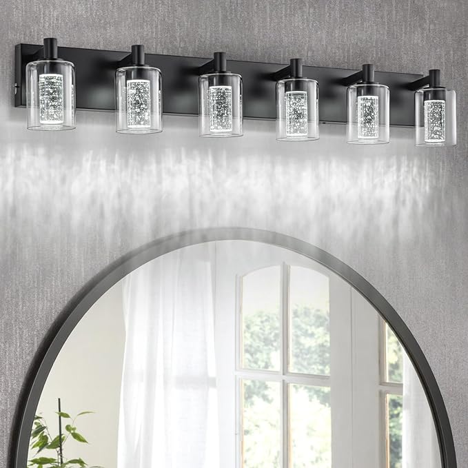 SineRise Vanity Light with 3 Color Modes (3000K/4000K/6000K), Eye Protection LED Bathroom Light Fixture, Dimmable Modern Wall Light Over Mirror with Clear Glass Shade (Black, 6-Light)